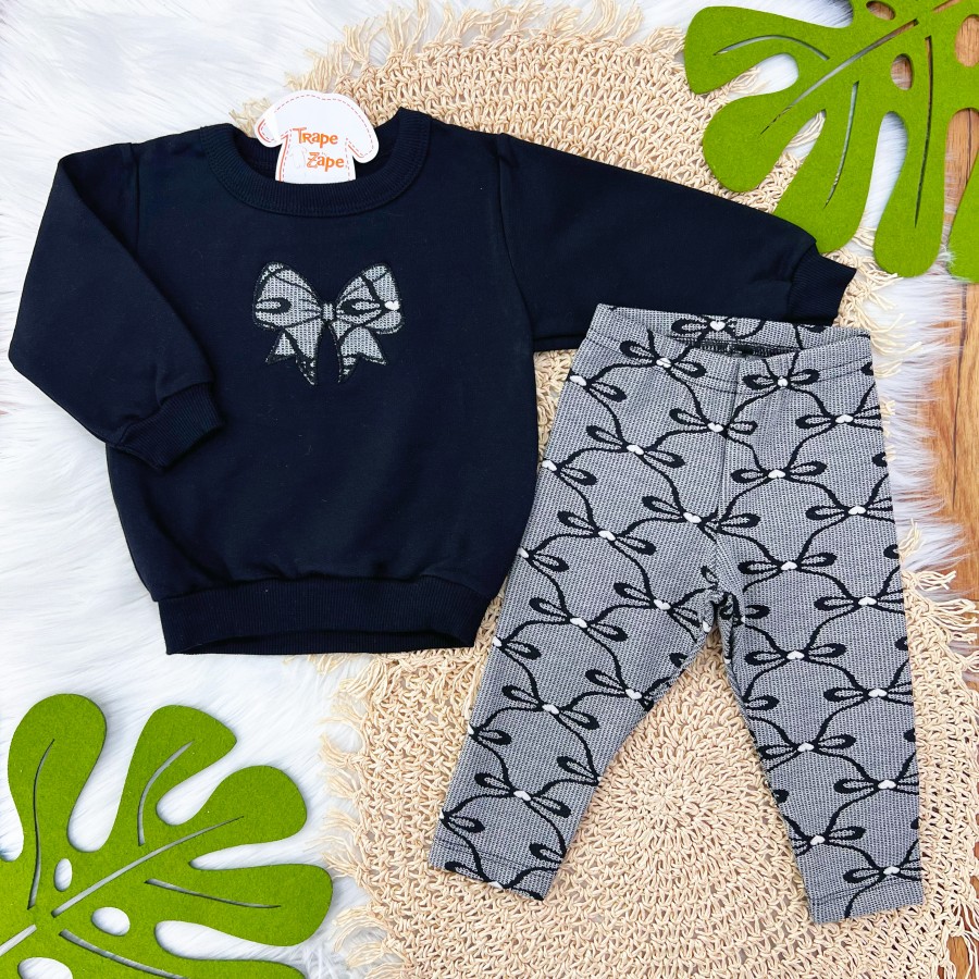 Conj. Casaco de Moletom Laço e Calça Legging Corações - Preto